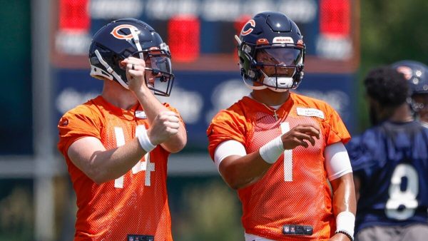 Justin Fields and Andy Dalton at Bears Practice. Photo courtesy of Sports Illustrated.