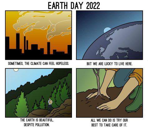 A four panel full-color cartoon titled Earth day 2022. The first panel shows the black silhouette of a factory producing greyish fumes against a blazing orange sky. The caption reads, Sometimes, the climate can feel hopeless. The second panel shows the Earth from space, the blue sun peeking over the horizon. The caption says, But we are lucky to live here. The third panel shows a hiker looking out over a lush green forest and mountain range. The caption reads, The Earth is beautiful, despite pollution. The fourth panel shows a close-up of a gardeners hands patting the soil around a freshly-planted sapling. The caption says, All we can do is try our best to take care of it.