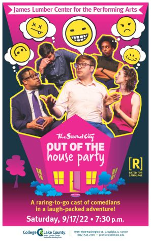 The official poster for The Second City's Out of the House Party. The poster shows five featured comedians laughing and talking, with different emojis in thought bubble above their heads. The poster is colorful, with dark pinks and bright yellows contrasted on a dark teal background. 
