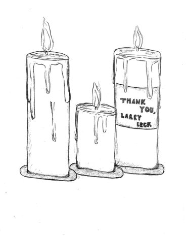 A traditional black and white drawing of three candles dripping wax. All three candles are lit. The third candle on the right has a label that says Thank you, Larry Leck.