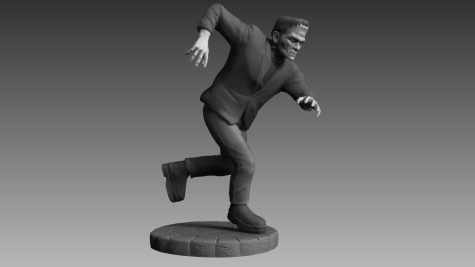 A three dimensional model of a monster. It resembles the pop culture idea of Frankenstein. The monster is stuck in a stumbling pose.