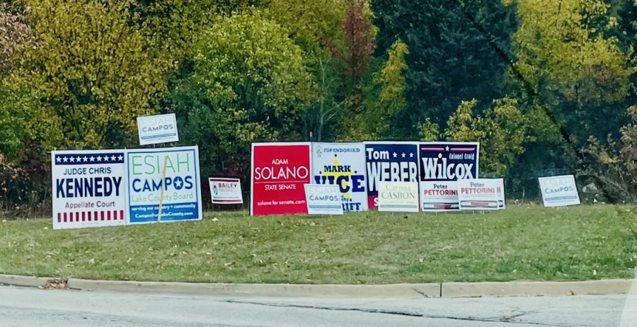 Multiple midterm election advertisements clustered together on a street corner.