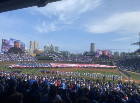 Fans and players stand for anthem at Wrigley on Opening Day.